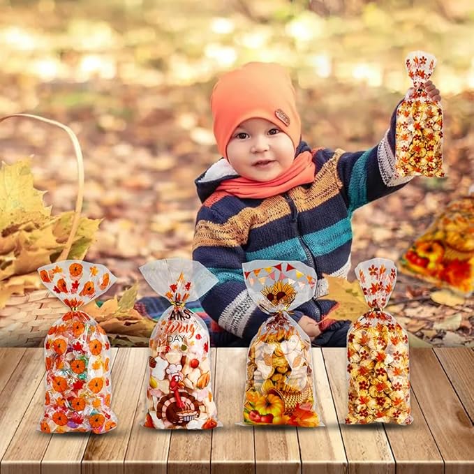 Thanksgiving Treat Bags, 100PCS Thanksgiving Goodie Bags with Twist Ties, Thanksgiving Gift Bags Plastic Candy Bags Cellophane Treat Bags Party Favor Bags Cookie Bags Fall Pumpkin Maple Leaves Bulk