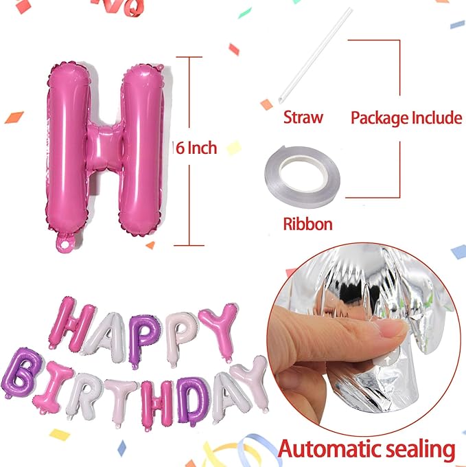 KALOR Purple Pink Happy Birthday Balloons Banner, 16 Inch Mylar Foil Letters Balloon Sign for Girls Women Birthday Decorations Photo Backdrop