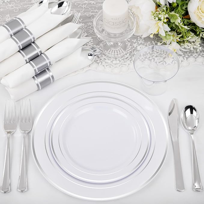 WELLIFE 210 Piece Silver Plastic Dinnerware Set for 30 Guests, Plastic Plates for Party, Include: 30 Dinner Plates, 30 Dessert Plates, 30 Pre Rolled Napkins with Silver Silverware and 30 Silver Cups