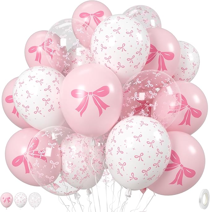 Pink Bow Balloons, 35PCS Light Pastel Pink Clear White Bow Latex Balloon for Girls Women Wedding Bridal Baby Shower Bachelorette Engagement Princess Coquette Birthday Theme Party Decorations Supplies