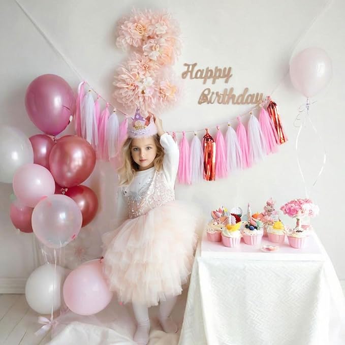 Shiny Tassel Garland Tissue Paper Tassel Banner,Tassels Party Decorations for Gender Reveal,Wedding,Birthday,Bridal/Baby Shower,Pack of 15 (Rose Gold/Pink/White)