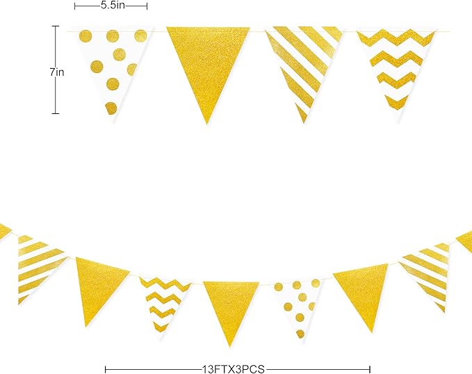 39Ft White and Gold Party Decorations Polka Dot Stripe Triangle Pennant Banner Glitter Foil Paper Flag Bunting Garland for Birthday Graduation Anniversary Wedding Bridal Baby Shower Hen Party Supplies