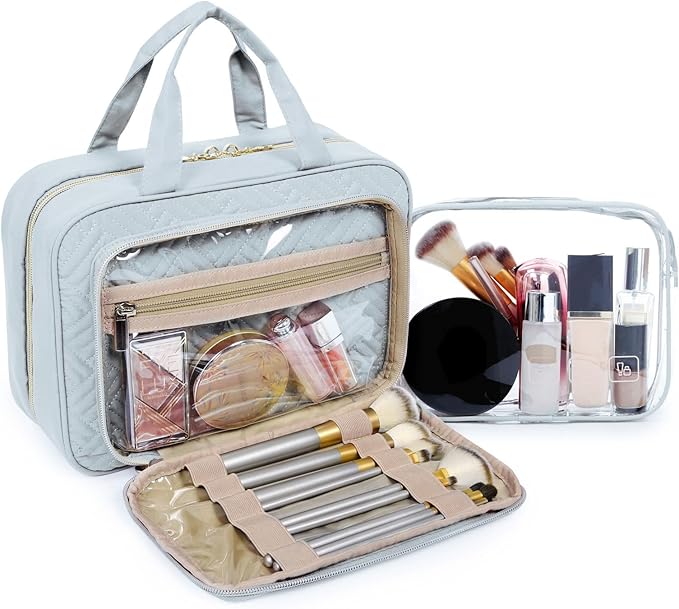 BAGSMART Toiletry Bag Hanging Travel Makeup Organizer with TSA Approved Transparent Cosmetic Bag Makeup Bag for Full Sized Toiletries, Large-Light Blue