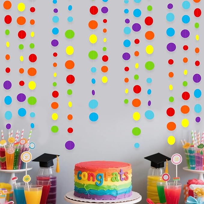 46Ft Rainbow Garland Colorful Circle Dots Hanging Paper Streamer Backdrop Multi Color Polka Dot Banner for Birthday Bachelorette Engagement Wedding Bridal Baby Shower Fiesta Party Decorations Supplies