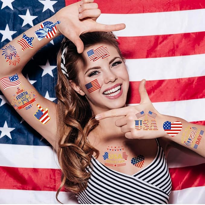 110Pcs 4th of July Temporary Tattoos, 4 Sheets Patriotic Party Face Body Decorations, USA Flag Independence Day 4th of July Temporary Tattoo Stickers for Kids Adults, Fourth of July Temporary Tattoos