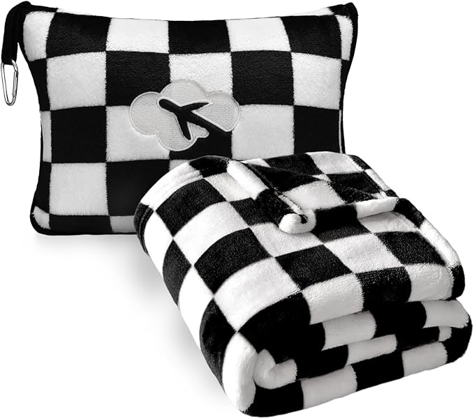 Travel Blanket and Pillow Compact, Premium Soft 2 in 1 Airplane Blanket with Soft Bag Pillowcase，Hand Luggage Sleeve and Backpack Clip (Checkered Black)