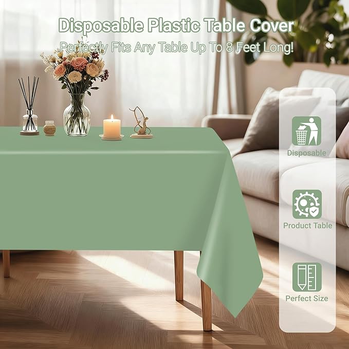 MRJ 3 Pack Sage Green Plastic Tablecloths 54 x 108 Inch for Rectangle Tables Decorative Party Holiday Birthday Disposable Table Cloth