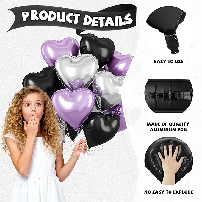 Purple and Black Heart Balloons, 10 Pcs Light Purple Silver Heart Shape Foil Balloon 18 Inch Birthday Balloons for Girls Princess Theme Birthday Wedding Valentines Baby Shower Party Decoration