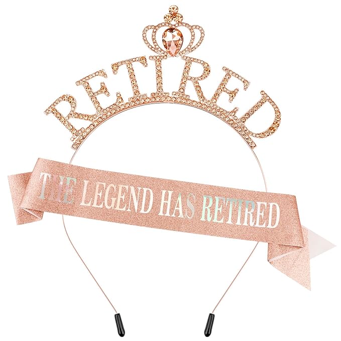 SuPoo Rose Gold Retirement Sash for Women Rhinestone Retired Crown Headband Tiara Retirement Gifts The Legend Has Retired Sash Crown Elegant Retirement Party Decorations Retired Decor