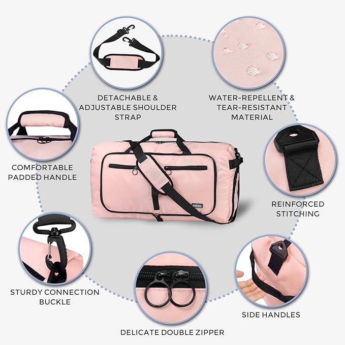 Fmeida 65L Duffle Bag with Shoes Compartment, Foldable Travel Duffel Bags for Men Women, Large Packable Travel Bag Water Repellent & Tear Resistant (Light Pink)