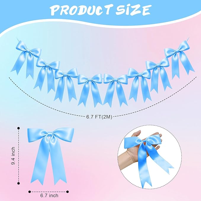 1 String of 8PCS Blue Bow Garland Banner Decoration,Pre-Strung Satin Ribbon Ornaments for Birthday,Bachelorette Party,Bridal Shower,Wedding,Engagement,Baby Shower,Graduation Decor,Anniversary