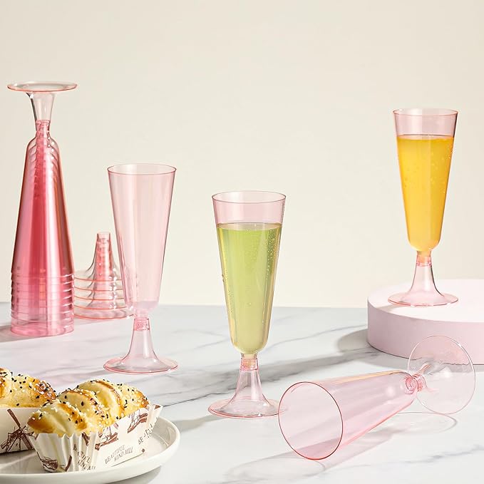 SUREHOME Pink Champagne Flutes Plastic Champagne Glasses Disposable Mimosa Glasses 40 Pack 5 Oz Acrylic Stemware Cocktail Cups Bulk for Valentines Wedding Toasting Engagement Party Supplies
