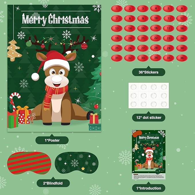 ASTARON Christmas Party Games for Kids, Pin The Hat on Reindeer with 36 Stickers 2 Blindfolds Christmas Holiday Party Decorations School Classroom Activities