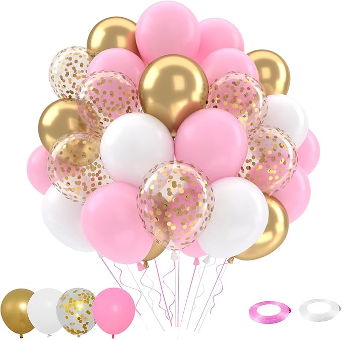 Patimate Pink Gold Confetti Balloons Set, 50 pcs 12 inch Metallic Gold Pastel Pink White Confetti Latex Balloons Kit for Birthday Baby Shower Girl Princess Party Decorations