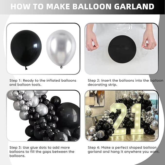 Black and Silver Balloon Garland Kit, Metallic Silver and Black Balloon Arch Kit, 100Pcs Chrome Silver Latex Black Balloons Different Sizes for Wedding Bridal Shower Birthday Graduation Party Supplies