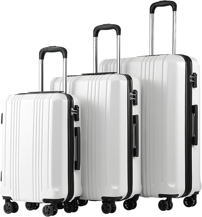 Coolife Luggage 3 Piece Set PC+ABS Hardshell Suitcases with TSA Lock, Spinner Lightweight (white, 3 piece set)