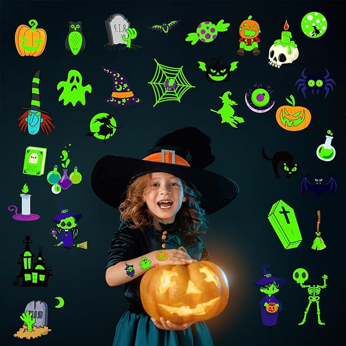 JCFIRE Glow Halloween Party Supplies, Halloween Temporary Tattoos for Kids Party Favors, Birthday Party Decorations Activities Games Accessories, Goodie Bags Fillers