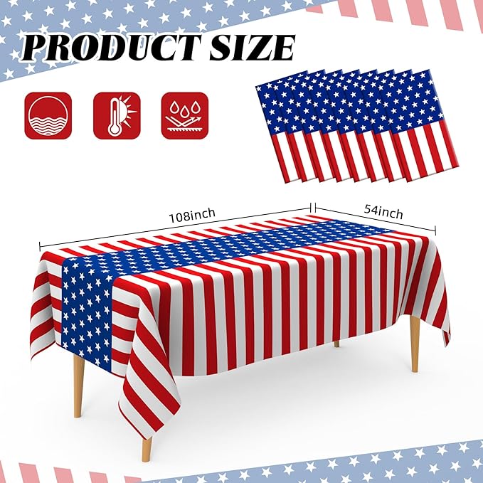 4th of July Tablecloth, Patriotic Plastic Tablecloths 54"x108", Fourth of July Table Decorations Red White and Blue American Table Covers 8 Pack, Patriotic Decorations Memorial Day Party Supplies