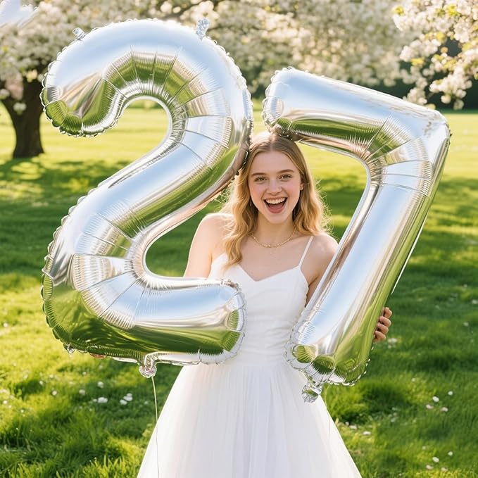 40 Inch Silver Number 2 Balloon Giant foil balloons numbers Silver 2th Birthday Balloon For Boy Girl Decorations 2 12 21st 22th Party Celebration Decorations Graduations Anniversary Baby Shower