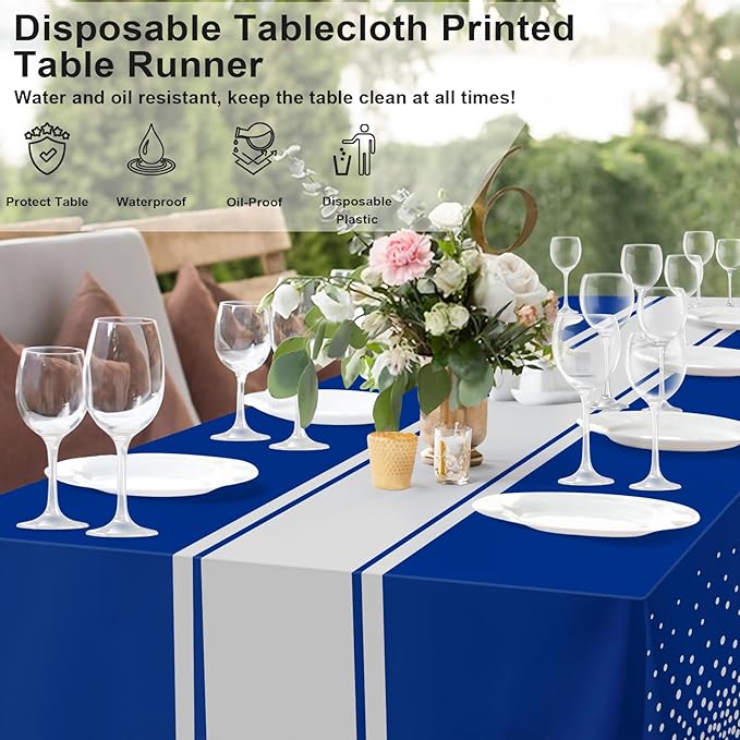 2 Pack Blue and Silver Tablecloth Party Decorations Plastic Blue Tablecloth Printed Silver Table Runner 54 x108 Inch Disposable Rectangle Table Cover for Birthday Wedding Graduation