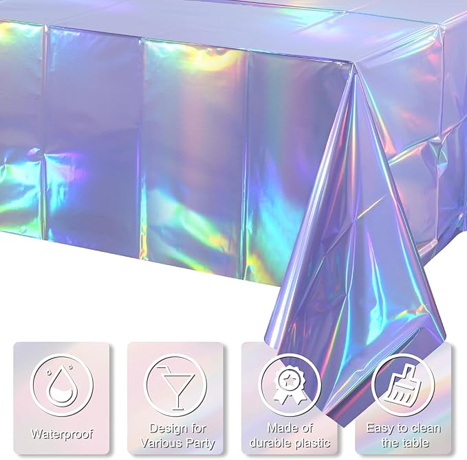 3 Pack Iridescent Light Purple Tablecloth for Parties, Pastel Purple Holographic Plastic Table Cover, Disposable Laser Purple Table Cloth for Birthday Wedding Baby Shower Party Decorations, 54x108Inch