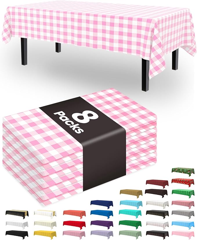 Pureegg Plastic Table Cloth Disposable 8 Pack, 54 x 108 Inch Table Cloths, Party, Picnic, Decorative Gingham Tablecloths, Rectangle, Pink and White Checkered Cover, Leakproof & Sturdy, Pink Plaid