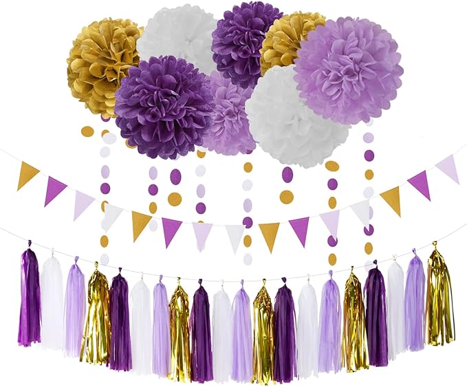 Purple Gold Graduation Decorations - 30pcs Kits Lavender White Paper Flowers,Banner Flags,Tassel Streamer Garland Engagement Girl Baby Bridal Shower Party Decoration Lasting Surprise