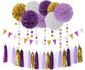 Purple Gold Graduation Decorations - 30pcs Kits Lavender White Paper Flowers,Banner Flags,Tassel Streamer Garland Engagement Girl Baby Bridal Shower Party Decoration Lasting Surprise