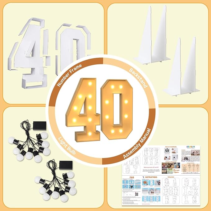 imprsv 3FT Marquee Numbers, Marquee Light Up Numbers 40th Birthday Decorations for Women Men, 40th Birthday Women Foam Board Anniversary Party Decorations Arch Kit (DIY)