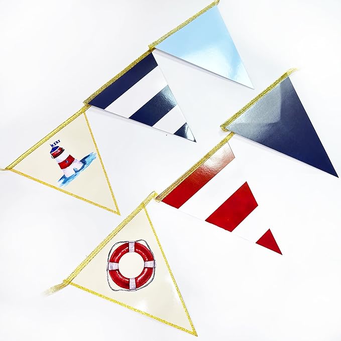 Navy Red Beige Gold Glitter Stamping Paper Pennant Banner Flag Triangle Bunting for Nautical Pirate Ahoy Achor Theme Birthday Baby Shower Wedding Let's Get Nauti Bachelorette Party Decoration Supplies
