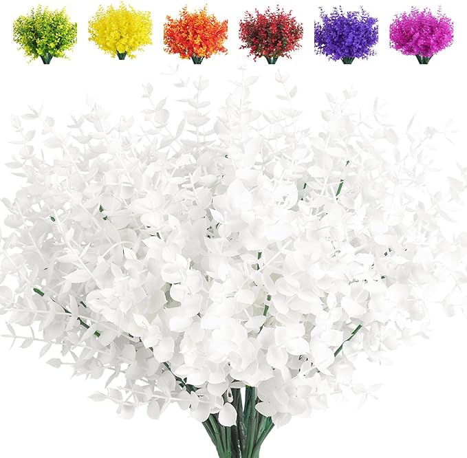 Artificial Fake Outdoor Plants Flowers for Spring Decoration, Faux Plastic Plants Outdoor Flowers UV Resistant Realistic for Home Outside Planter Window Porch Patio Garden(Pure White Eucalyptus)
