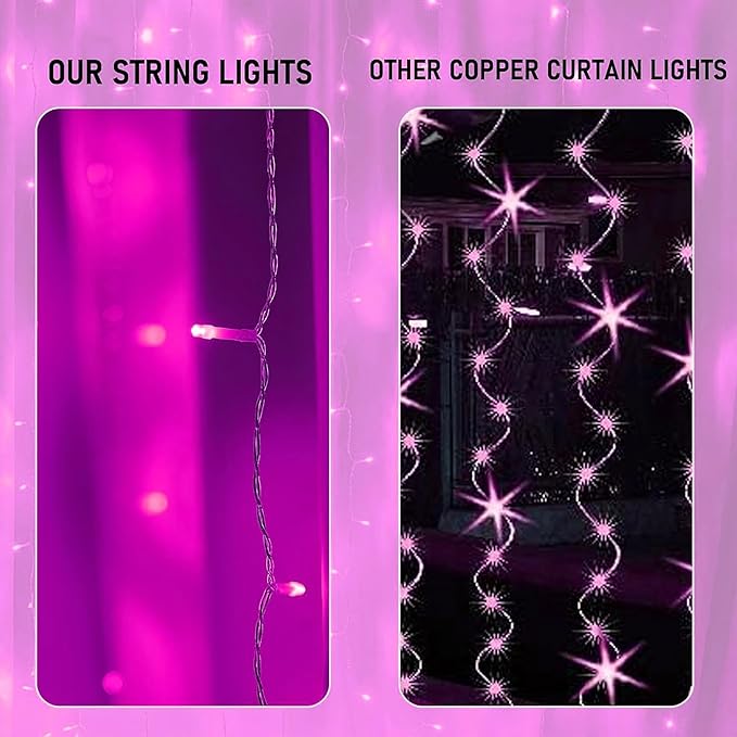 Dazzle Bright 300 LED Curtain String Lights, Valentine's Day Fairy Lights for Bedroom with 8 Lighting Modes, Connectable Waterproof Window Lights Party Wedding Garden Wall Christmas Decor, Pink
