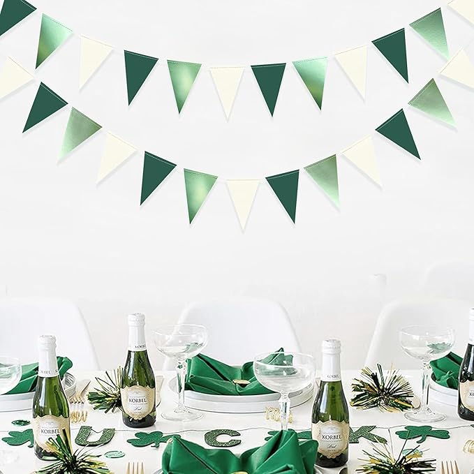 Sage Green Decorations Hanging Paper Pennant Banner Flag Green Beige Triangle Bunting Garland for Birthday Baby Shower Wedding Engagement Neutral Safari Wild One Woodland Jungle Theme Party Supplies