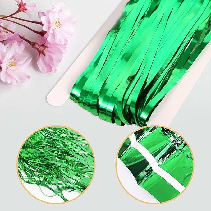 12 Pack Green Foil Curtain Backdrop 3.2ft x 6.6ft Metallic Tinsel Fringe Backdrop Curtains Streamer Photo Booth Backdrop for Birthday Engagement Bachelorette Christmas Holiday Party Decorations