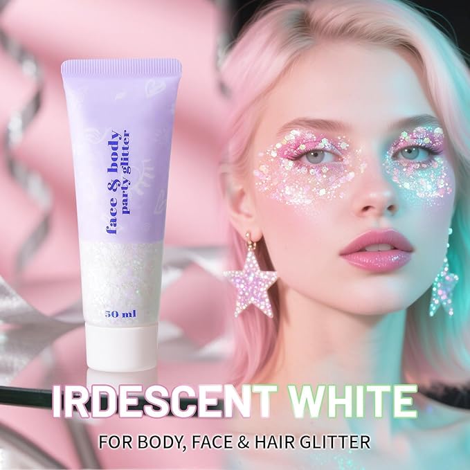 DAGEDA Iridescent Body Glitter Gel, Holographic Face Glitter Body Gel Rave Party Accessories, Chunky Glitters for Face Hair Nails, Cosmetic Laser Powder Festival Sequins Paint Makeup