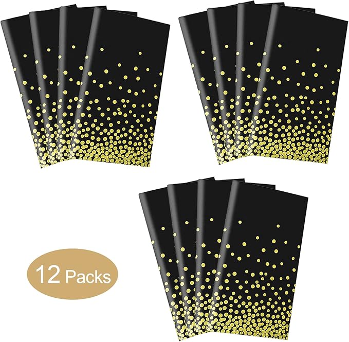 Gexolenu 12 Pack Black and Gold Disposable Plastic Tablecloth for Rectangle Tables(54" x 108"), Disposable Waterproof Party Table Cover for Birthday, Graduation, Gold Table Cloths Party Supplies