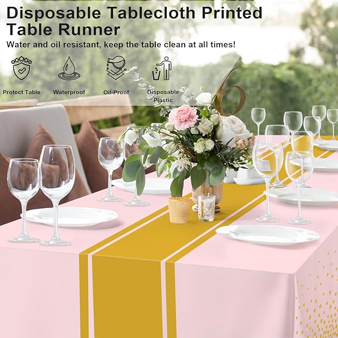 4 Pack Pink and Gold Tablecloth Party Decorations Plastic Pink Tablecloth Printed Gold Table Runner 54 x108 Inch Disposable Rectangle Table Cover for Birthday Wedding Graduation Anniversary