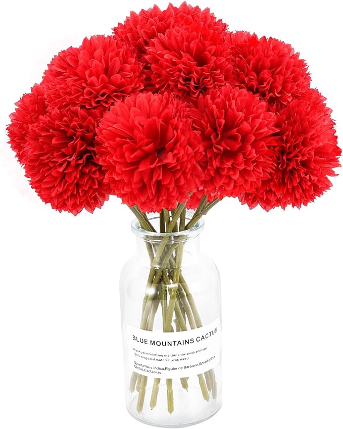 12 Pcs Artificial Chrysanthemums Flowers Silk Red Ball Flowers Fake Mums Flowers for Christmas Wedding Floral Table Centerpiece Home Decor (12, Red)