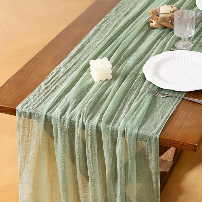 Socomi 3pcs Sage Green Cheesecloth Table Runner Gauze Easter Spring 120 Inch Rustic Boho Cheese Cloth Runner for Wedding Party Baby Bridal Shower Centerpiece Decoration Holiday Home Decorations