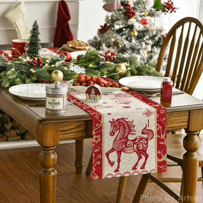 Artoid Mode Paper Cutting Style Chinese Zodiac Horse Happy 2026 Lunar New Year Table Runner, Spring Festival Winter Kitchen Dining Table Decoration for Home Party 13x60 Inch