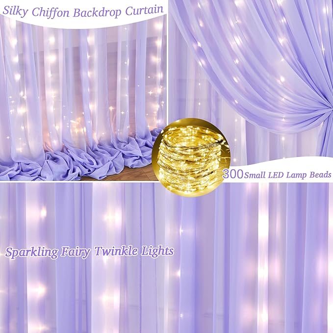 10ft x 10ft Lavender Chiffon Backdrop Curtain with Lights String for Parties,2 Panels Sheer Tulle Curtain Wedding Photo Backdrop with Lights for Baby Shower Birthday Party Ceremony Home Decorations