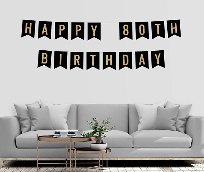 Andaz Press Faux Gold Glitter on Black Birthday Party Banner Decorations, Happy 80th Birthday, Approx 5-Feet, 1-Set, Milestone Colored Hanging Pennant Decor