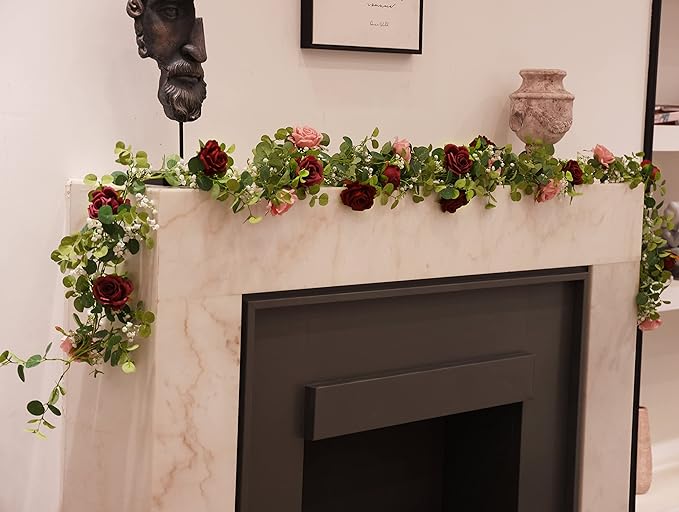 Anna's Whimsy 5.91FT Artificial Eucalyptus Garland with Flowers, Fake Rose Gypsophila, Faux Floral Garland Greenery for Wedding Spring Party Art Table Runner Decor (Pink, 1)