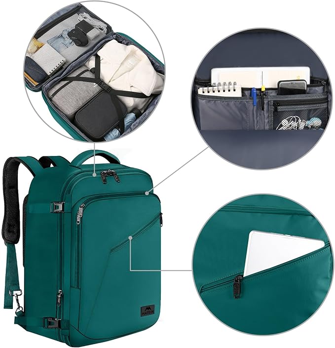 MATEIN Travel Backpack for Men Women, Carry on Backpack for Airplanes, Simple Daypack with Trolley Sleeve, Gifts for International Travelers, 35L, Peacock Blue