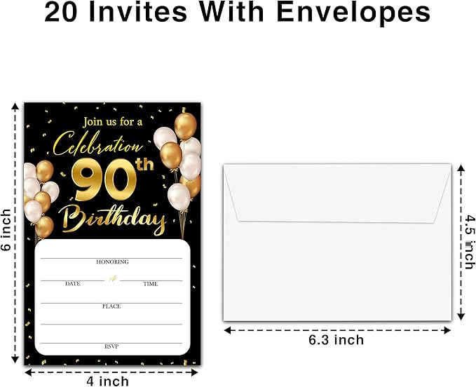 90th Birthday Invitation Cards with Envelopes - Classic Gold Theme Fill in The Blank Birthday Party Invite Cards, for Man, Woman Entertain Banquet Party Supplies, 20 Invites With Envelopes - B22
