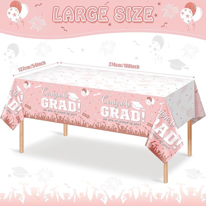 6 Pack Graduation Tablecloth Party Decorations, Class of 2026 Congrats Grad Plastic Tablecover Party Supplies, Pink Rectangle Graduation Table Decorations for College High School Party, 54 x 108 Inch