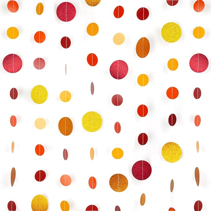 8 Pack Orange Red Glitter Dot Garland, Hanging Circle Streamers Banner, Backdrop Hanging Decorations for Fall Parties, Thanksgiving, Autumn Weddings, Baby Showers and Festive Holiday Decorations