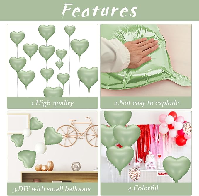 Sage Green Heart Balloon, 10PCS Green Foil Heart Balloons, 18inch Olive Green Heart Shape Balloons for Helium Birthday Party Decorations for Jungle Brithday Party, Valentines Day, Wedding, Anniversary