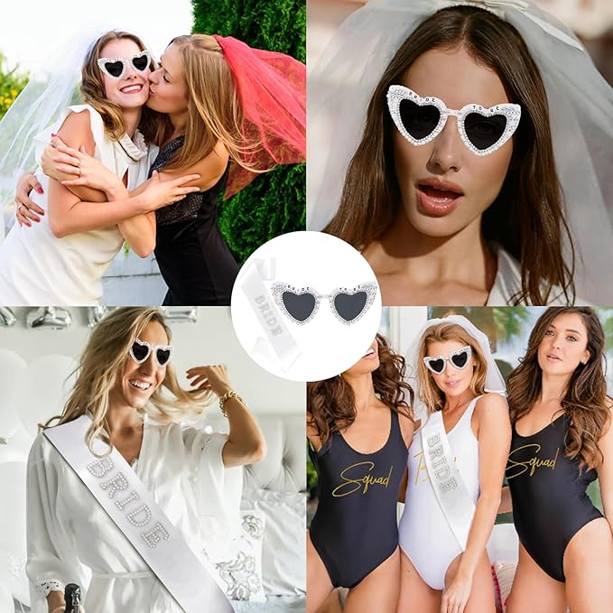 Bride to Be Sunglasses & Bride Sash Set - White Satin Sash with Rhinestone Lettering & Pearl-Embellished Sunglasses for Bachelorette Party, Bridal Shower & Wedding Celebrations