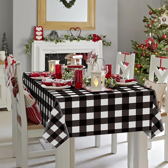 2 Pack Black and White Checkered Tablecloths 54"x108" Christmas Buffalo Plaid Tablecloths Disposable Plastic Waterproof Table Cloths for Christmas Picnic Camping Outdoor Birthday Decors